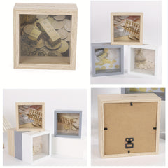 Acrylic Photo Frame Piggy Bank Transparent Reusable Coin Cash Money Box