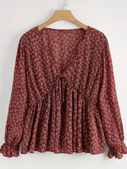 Boho Peplum Floral Blouse V-Neck Tie Front Top