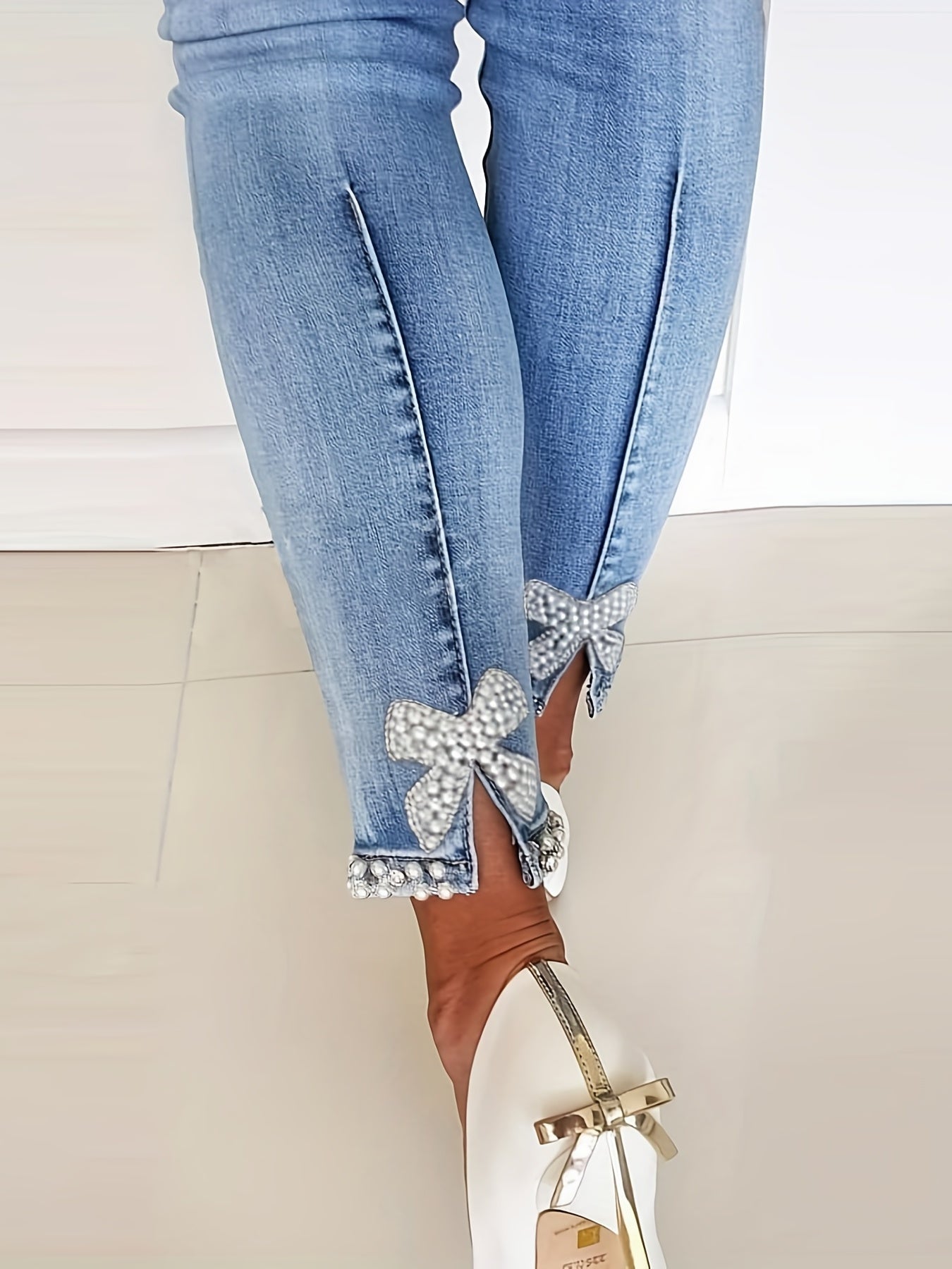 High Stretch Skinny Jeans Faux Pearl Decor Slim Fit Split Denim Pants