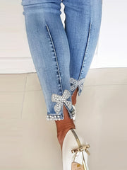 High Stretch Skinny Jeans Faux Pearl Decor Slim Fit Split Denim Pants