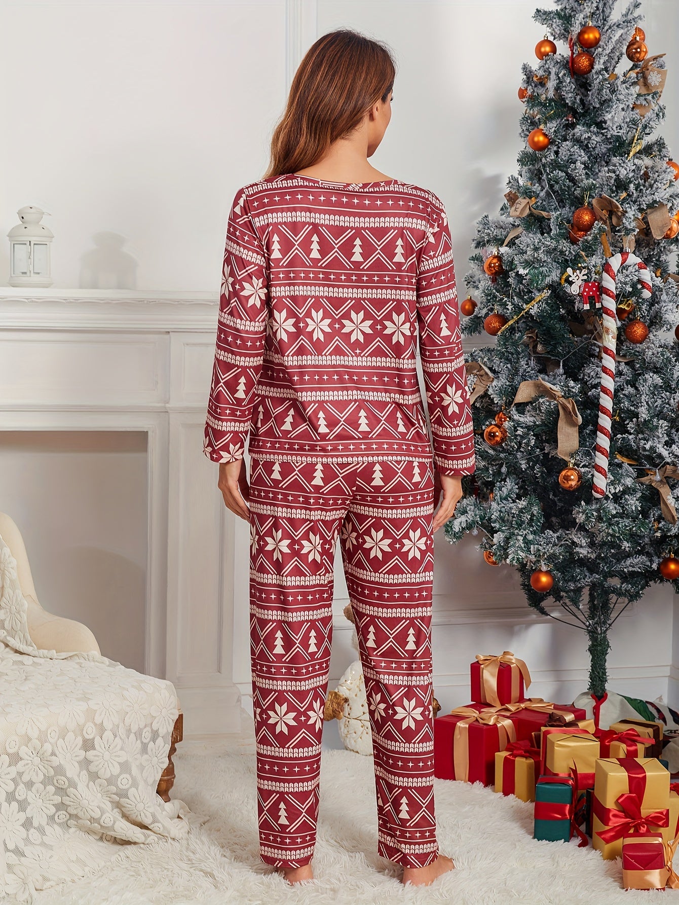Christmas Print Pajama Set Long Sleeve Top & Pants