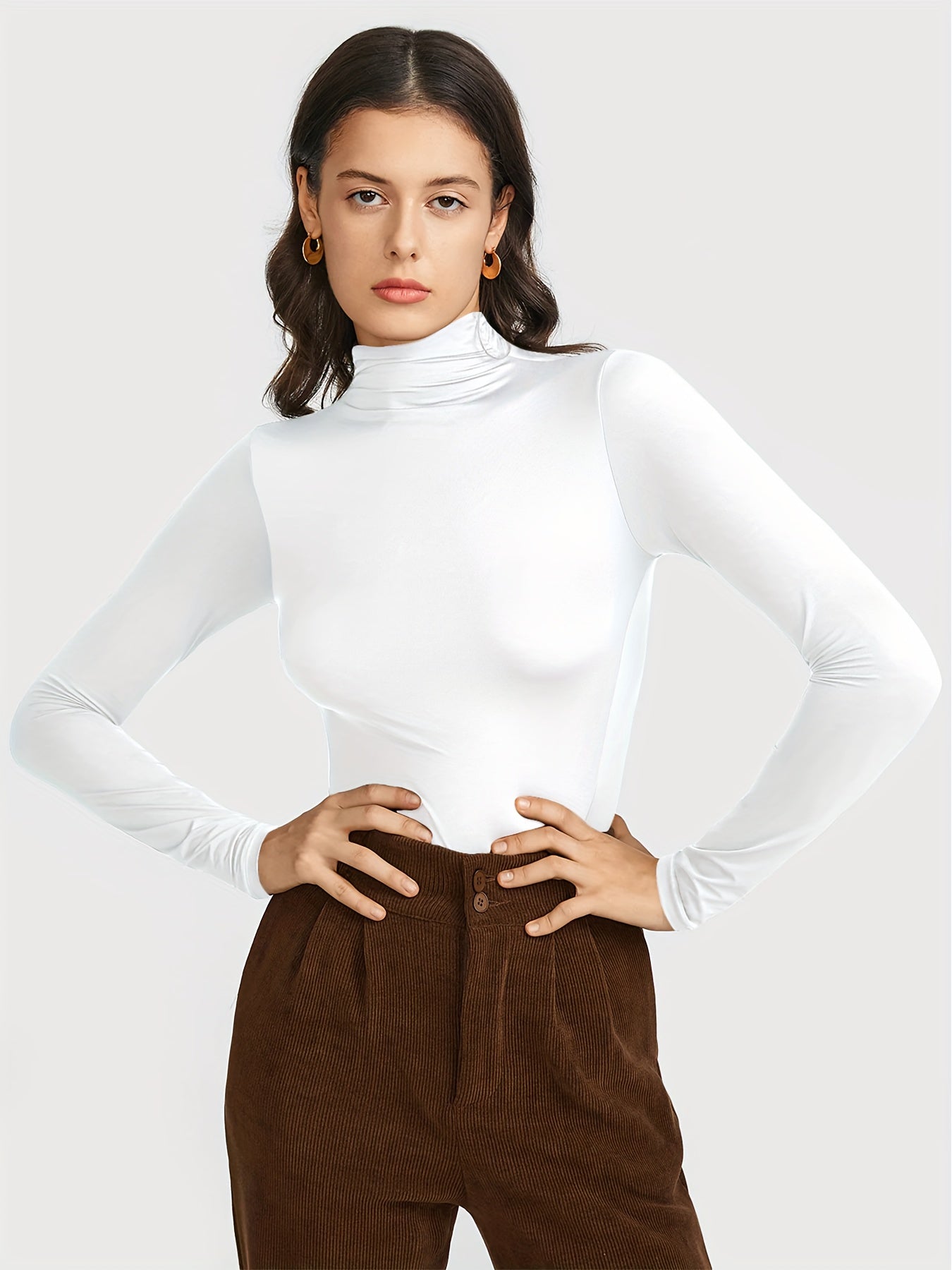 Solid Long Sleeve Turtleneck Top Soft High Neck Tee Shirt