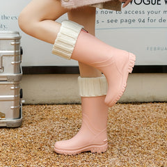 Women's Fleece Liner Rain Boots Slip on Waterproof Mid Calf Boots