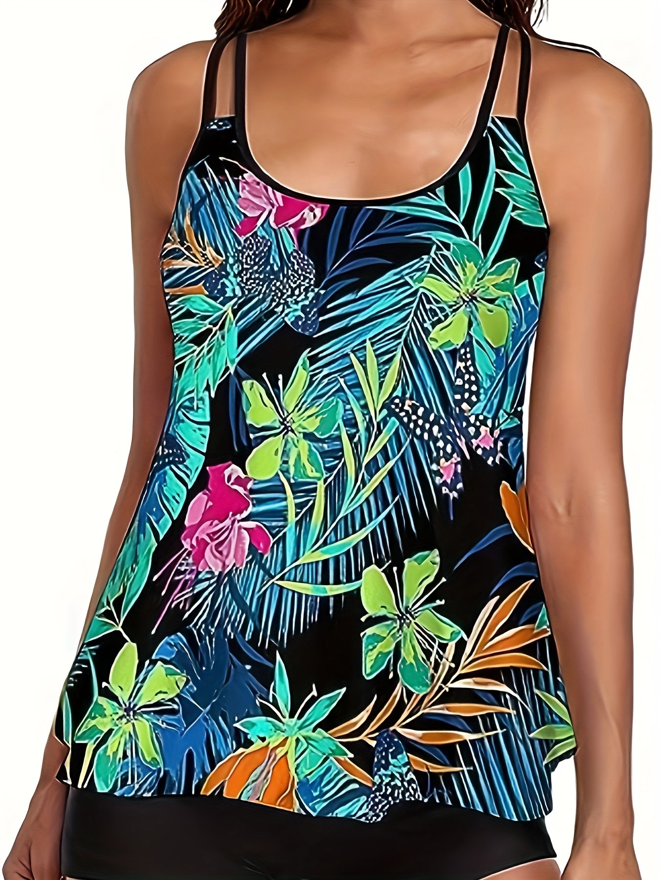 Tropical Print Tankini Set Women's Plus Round Neck Tank Top & Shorts