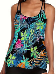 Tropical Print Tankini Set Women's Plus Round Neck Tank Top & Shorts