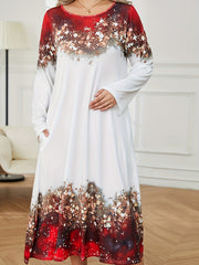 Colorblock Floral Print Long Sleeve Round Neck Dress