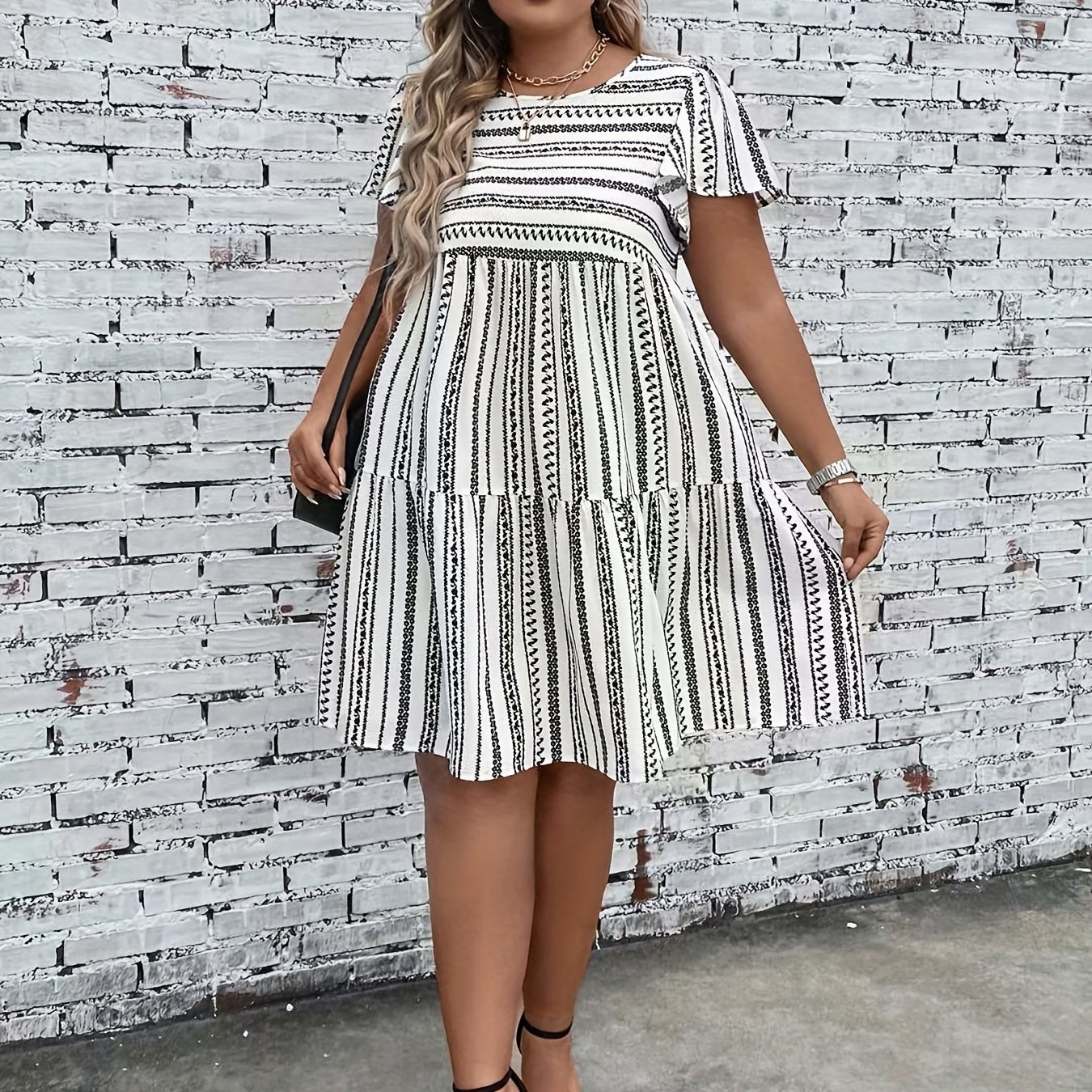 Women's Plus Geo Stripe Print Ruffle Sleeve Boho Dress