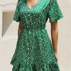 Floral Print Dress Button Front V Neck Summer Dress Women's Clothing
