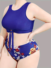 Boho Tankini Set Solid Tie Front Crop Tank Top & Floral Print Panty