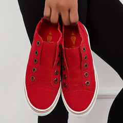 Women's Red Low Top Canvas Sneakers Round Toe Non Slip Walking Shoes