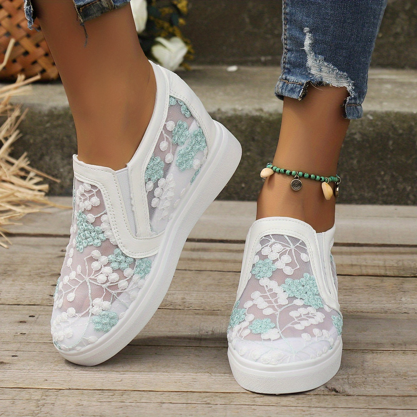 Women's Mesh Wedge Sneakers Floral Embroidered Low Top Slip On Shoes