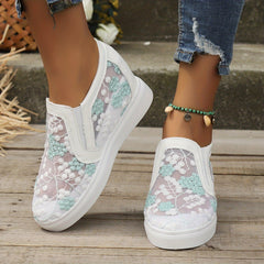 Women's Mesh Wedge Sneakers Floral Embroidered Low Top Slip On Shoes