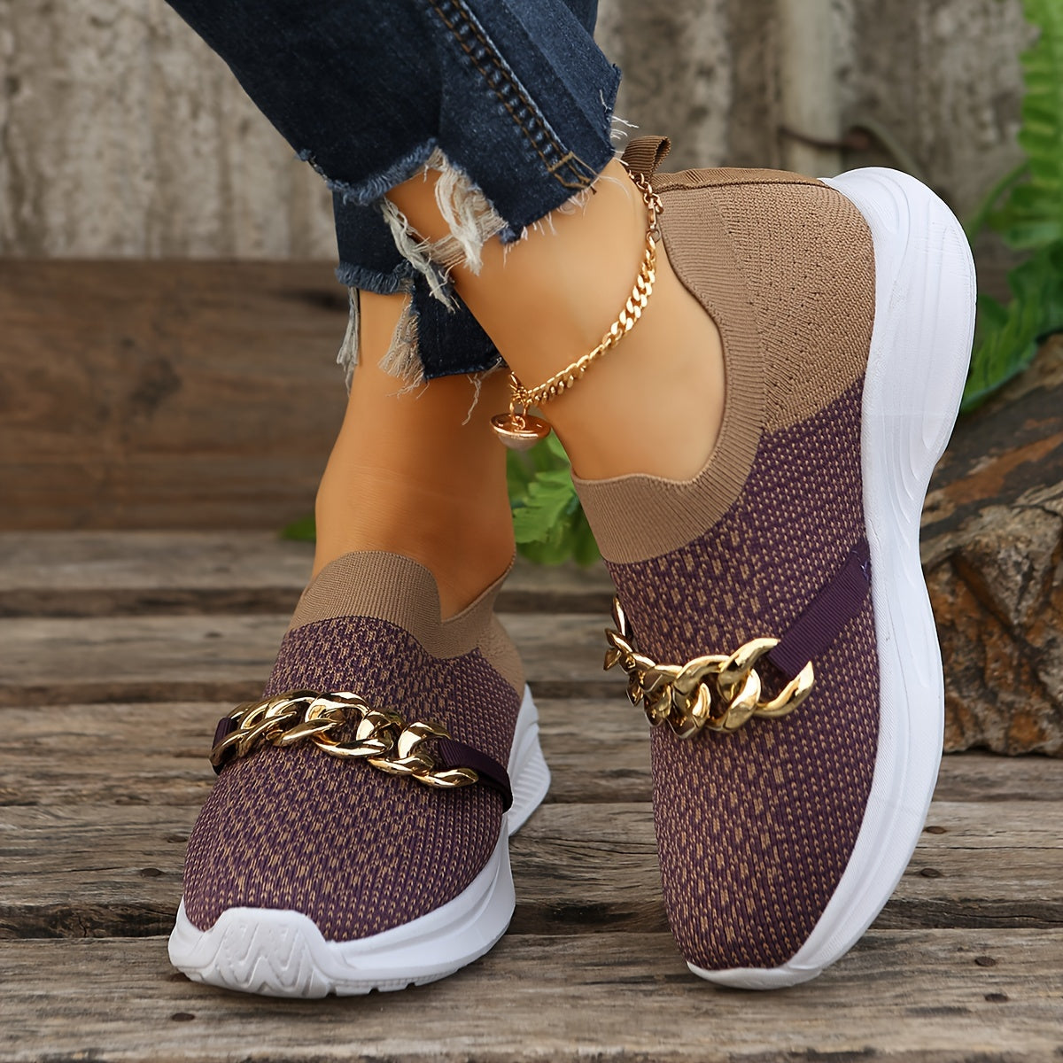 Mesh Breathable Non-Slip Running Shoes Chain Decoration Lightweight Comfortable