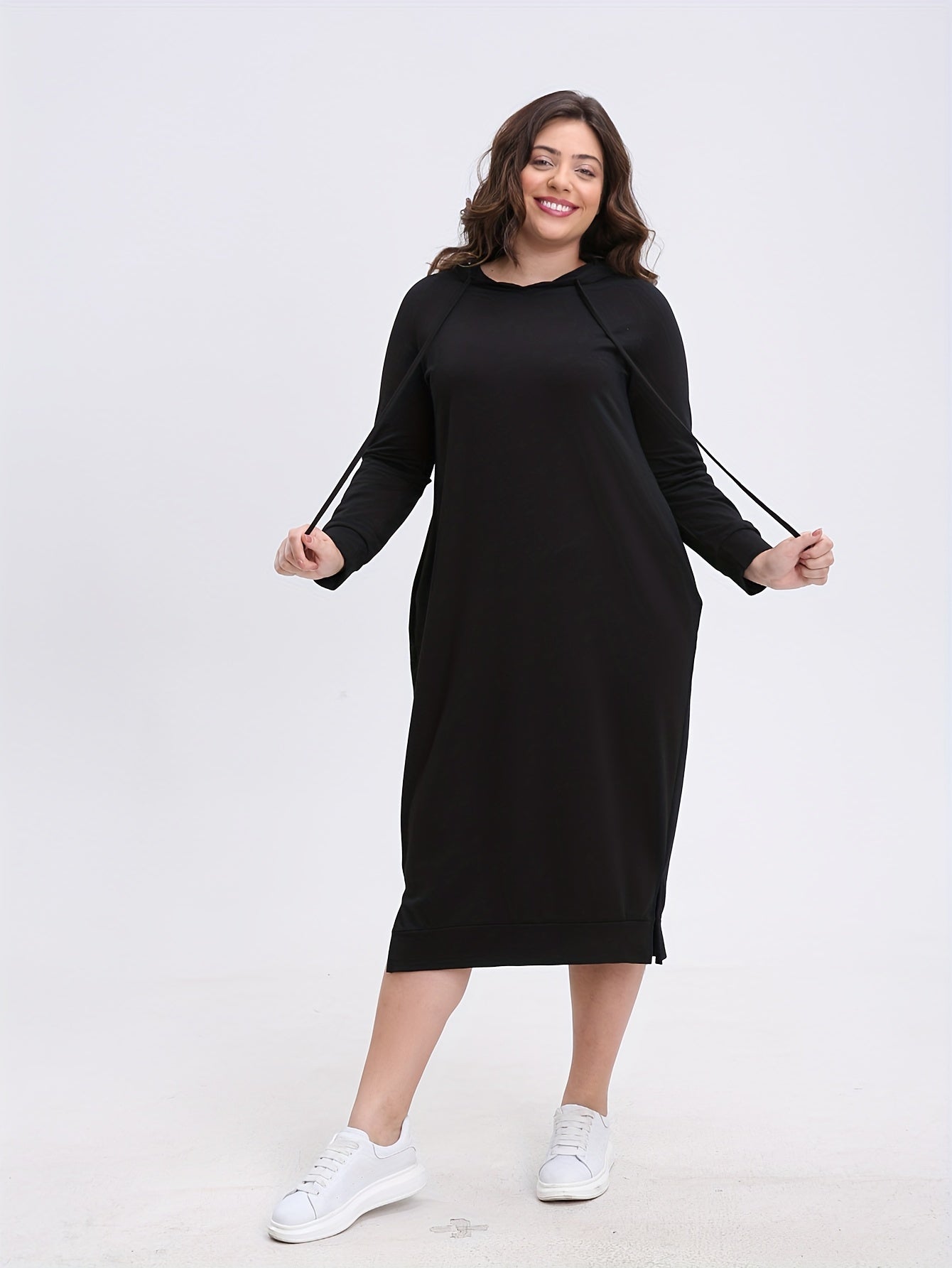 Solid Long Sleeve Hoodie Dress With Pockets