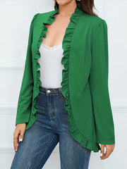Casual Cardigan Women's Plus Solid Long Sleeve Open Front Ruffle Trim