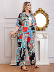 Women's Plus Scarf Print Half Sleeve Shirt & Loose Pants Set