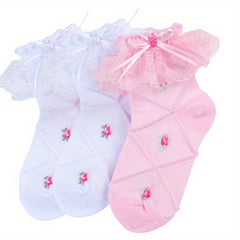 3 Pairs Girls Ruffle Lace Trims Bow Dance Socks Thin Crew Socks