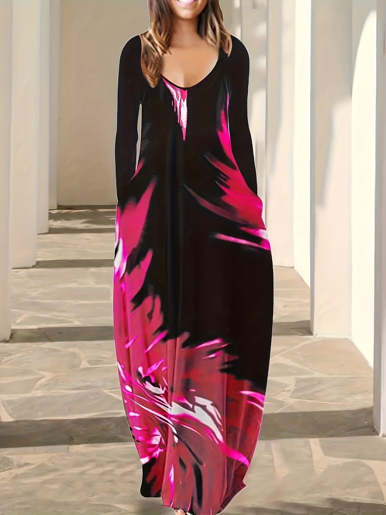 Women's Plus Tie Dye Long Sleeve Maxi Baggy Dress With Pockets