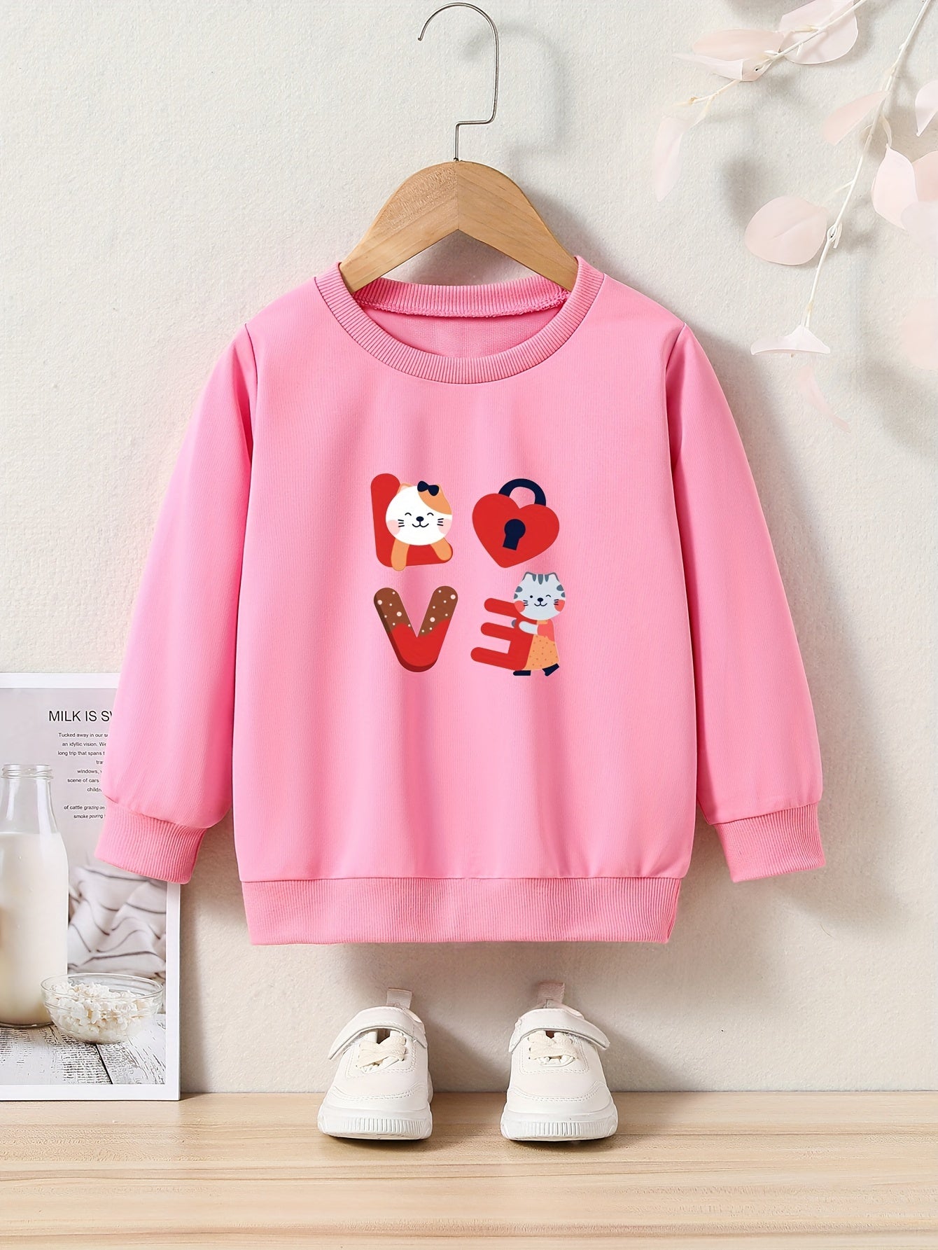 Cats And LOVE Letter Print Girls Pullover Sweatshirt