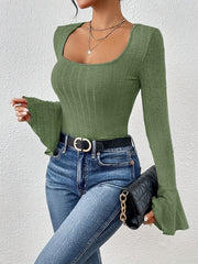Solid Bell Sleeve Knit Top Square Neck Jumper