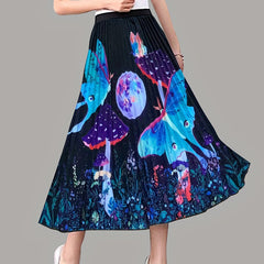 Mushroom & Butterfly Print Pleated Skirt for Spring & Summer