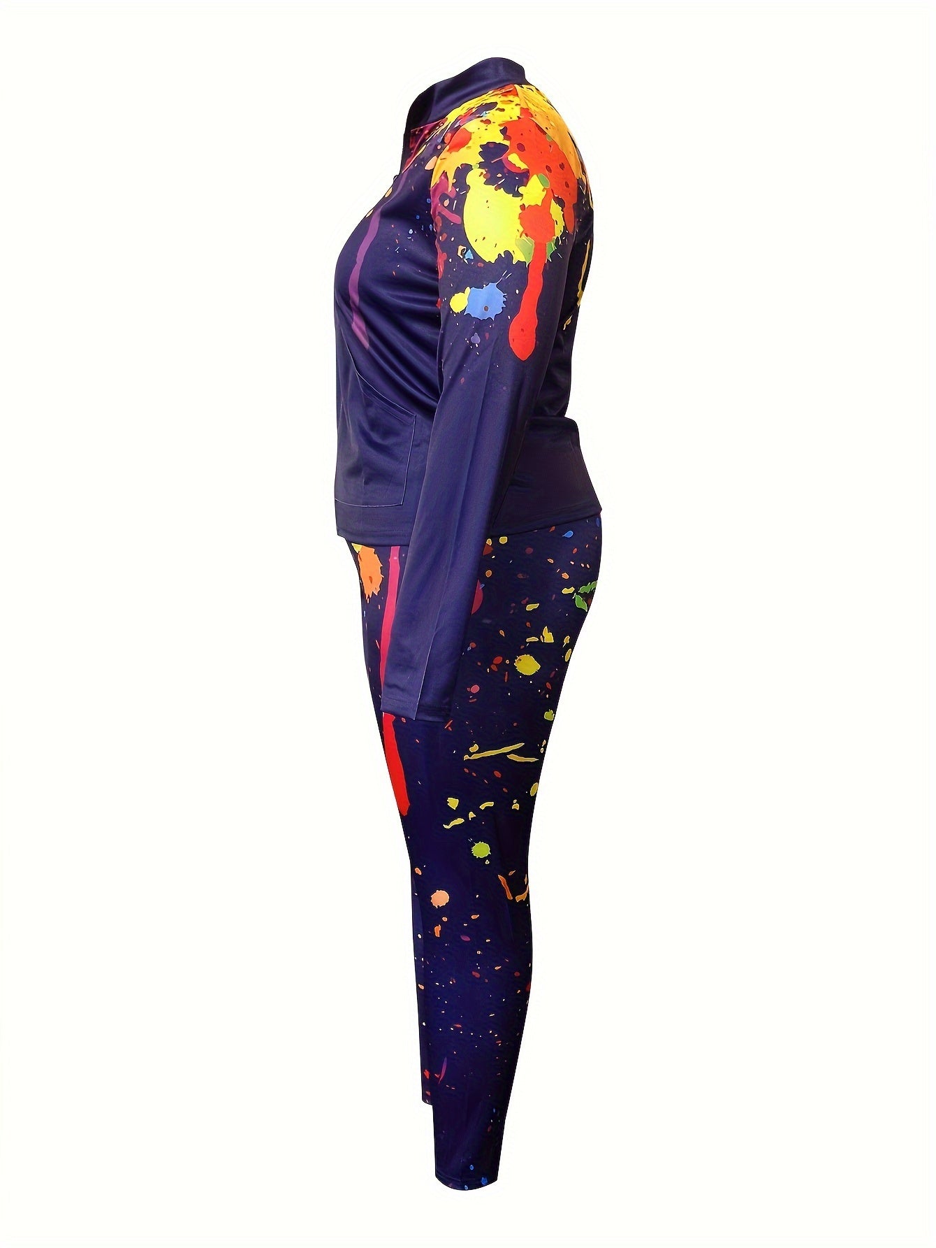Women's Plus Splash Print Zip Up Top & Leggings 2PC Set