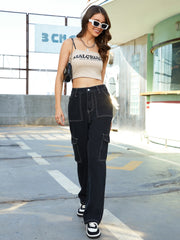 High Rise Cargo Denim Pants Straight Leg Jeans