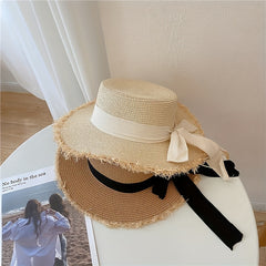 Straw Sun Hat Bowknot Decor Flat Top Jazz Fedora French Style Sunshade Beach Hat