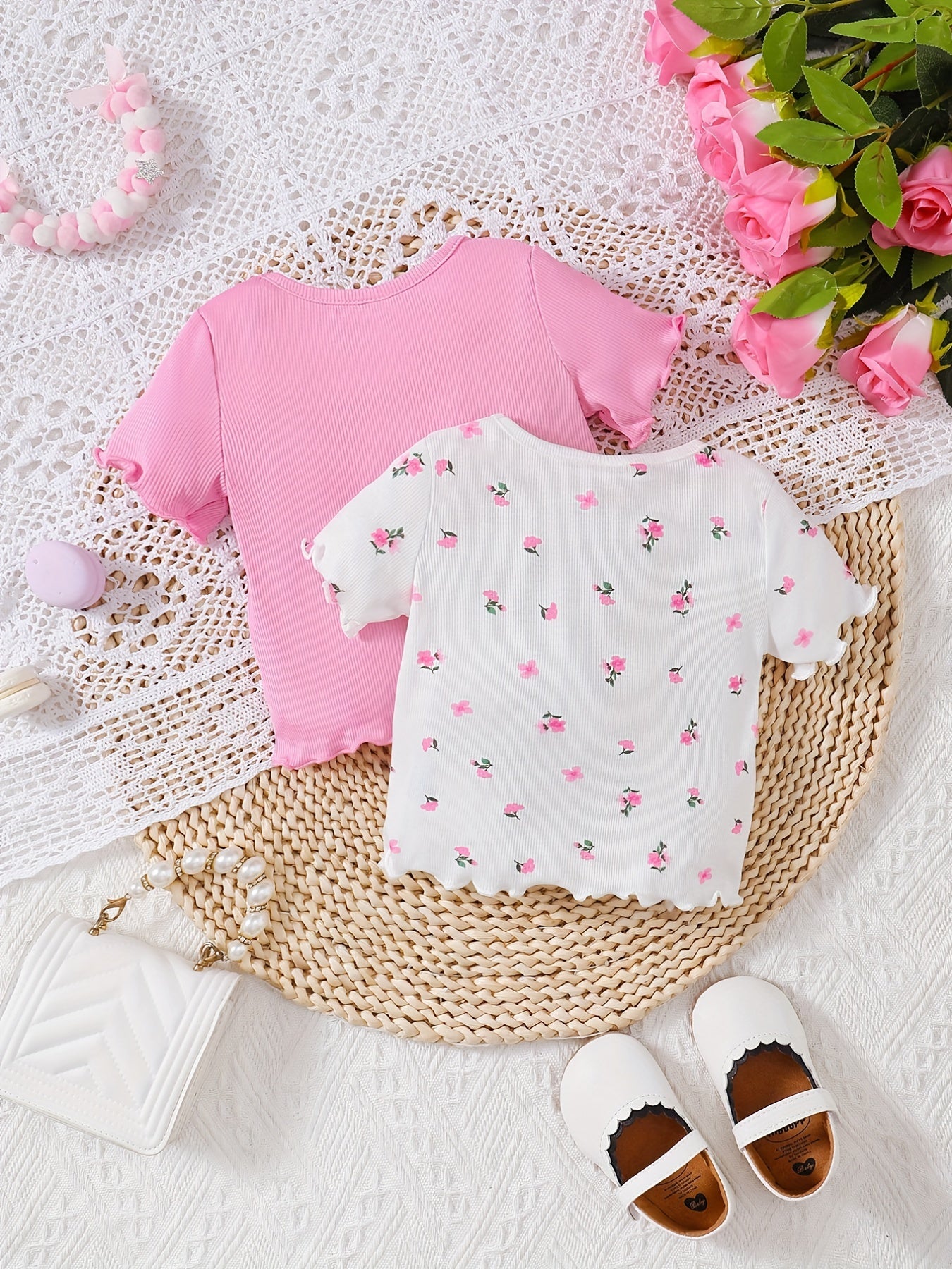 Baby Girl's Pink & Ditsy Floral All Match T shirts 2pcs Te Tops Set