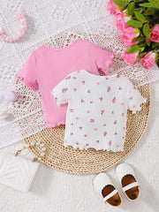 Baby Girl's Pink & Ditsy Floral All Match T shirts 2pcs Te Tops Set