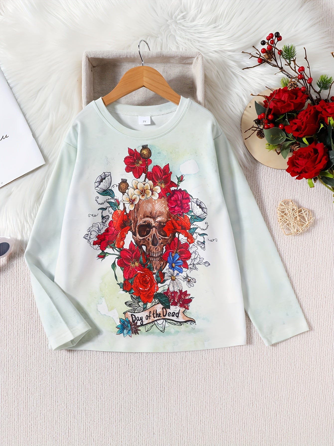 Floral & Skull Print Kid's Pullover Long Sleeve Top for Fall