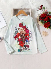 Floral & Skull Print Kid's Pullover Long Sleeve Top for Fall