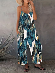 Leaf Print Wide Leg Jumpsuit Sleeveless Spaghetti Strap