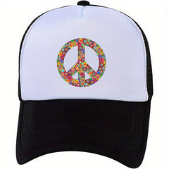Flowers Peace Sign Trucker Hat Mesh Baseball Cap Adjustable Lightweight Dad Hats