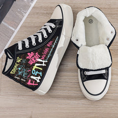 Faith Graffiti Print Plush Lined Chunky Canvas Sneakers