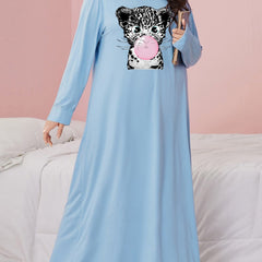 Women's Plus Bubble & Cat Print Nightdress Long Sleeve Round Neck Sleep Dress