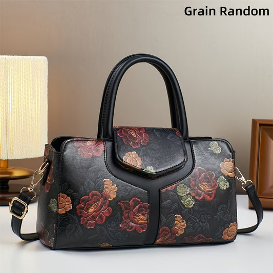 Vintage Floral Print Tote Bag Zipper Handbag Dark Brown Red Green