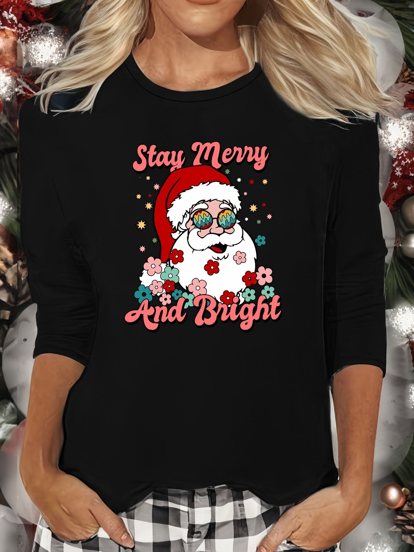 Christmas Santa Print Lounge Top Crew Neck Women's Loungewear