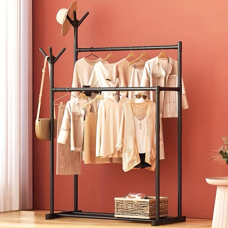 1pc Standing Clothes Rack with Lower Storage and Hooks, Double Bar Drying Rack