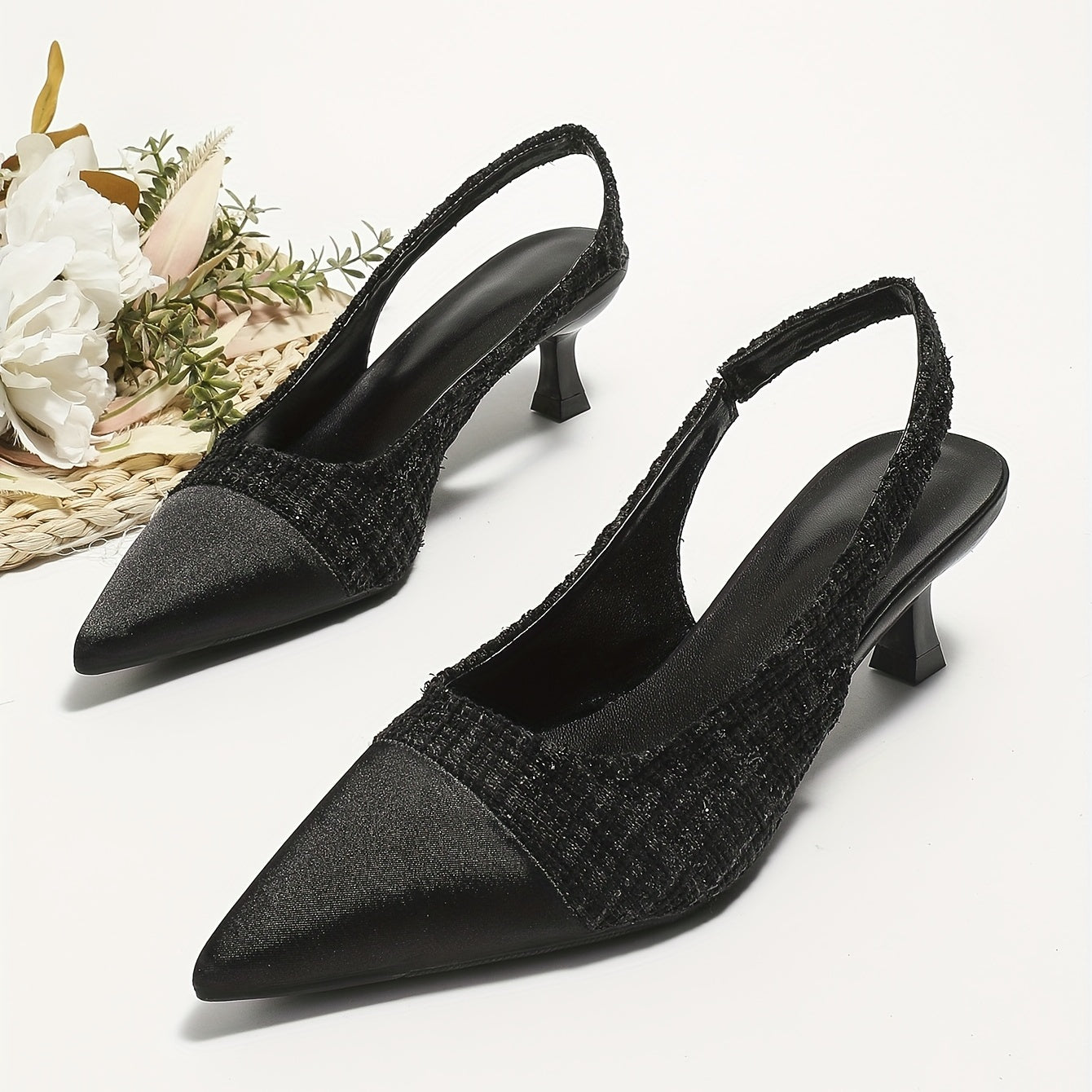 Tweed Kitten Heels Cap Top Slip On Pointed Toe Slingback Dress Sandals
