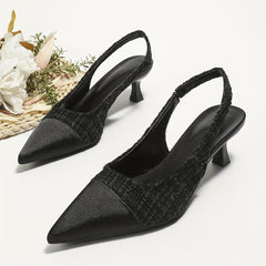 Tweed Kitten Heels Cap Top Slip On Pointed Toe Slingback Dress Sandals