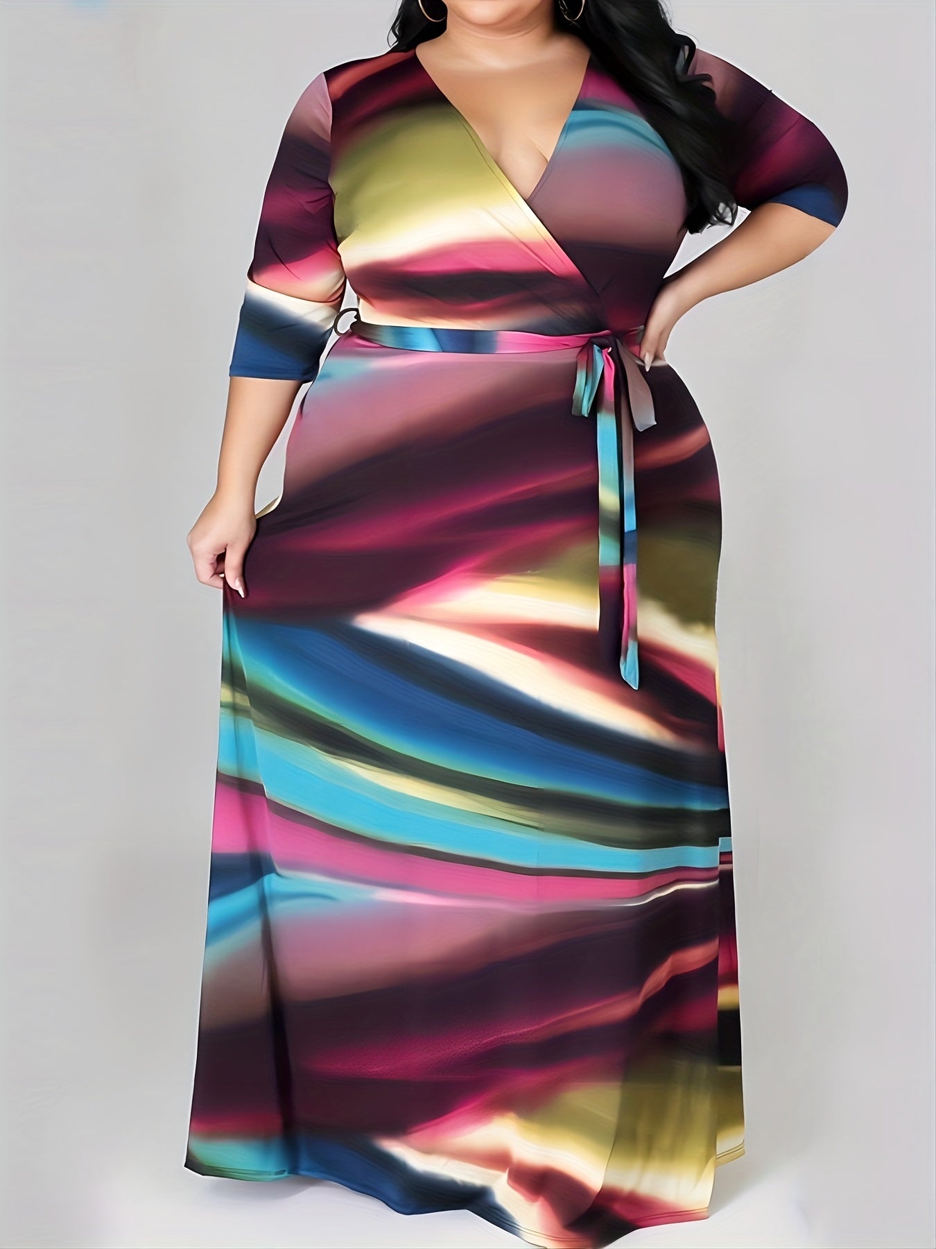Women's Plus Ombre Print Half Sleeve Maxi Dress With Belt