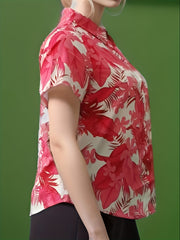 Leaf Print Button Up Short Sleeve Blouse