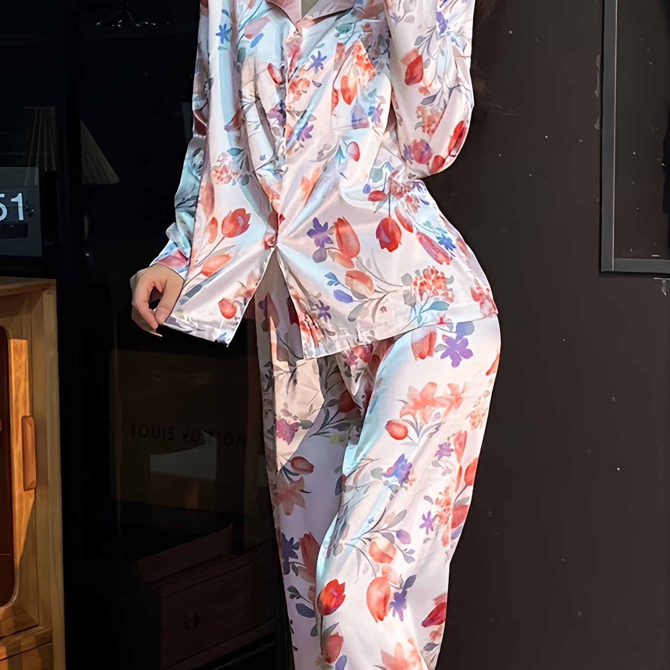 Floral Satin Pajama Set Long Sleeve Top & Pants Women's Sleepwear