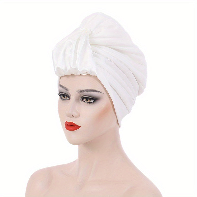 Satin Knot Pleated Turban Cap Solid Bonnet Women Chemo Hats