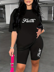 Letter Print Lounge Set Short Sleeve Crew Neck Top & Skinny Shorts