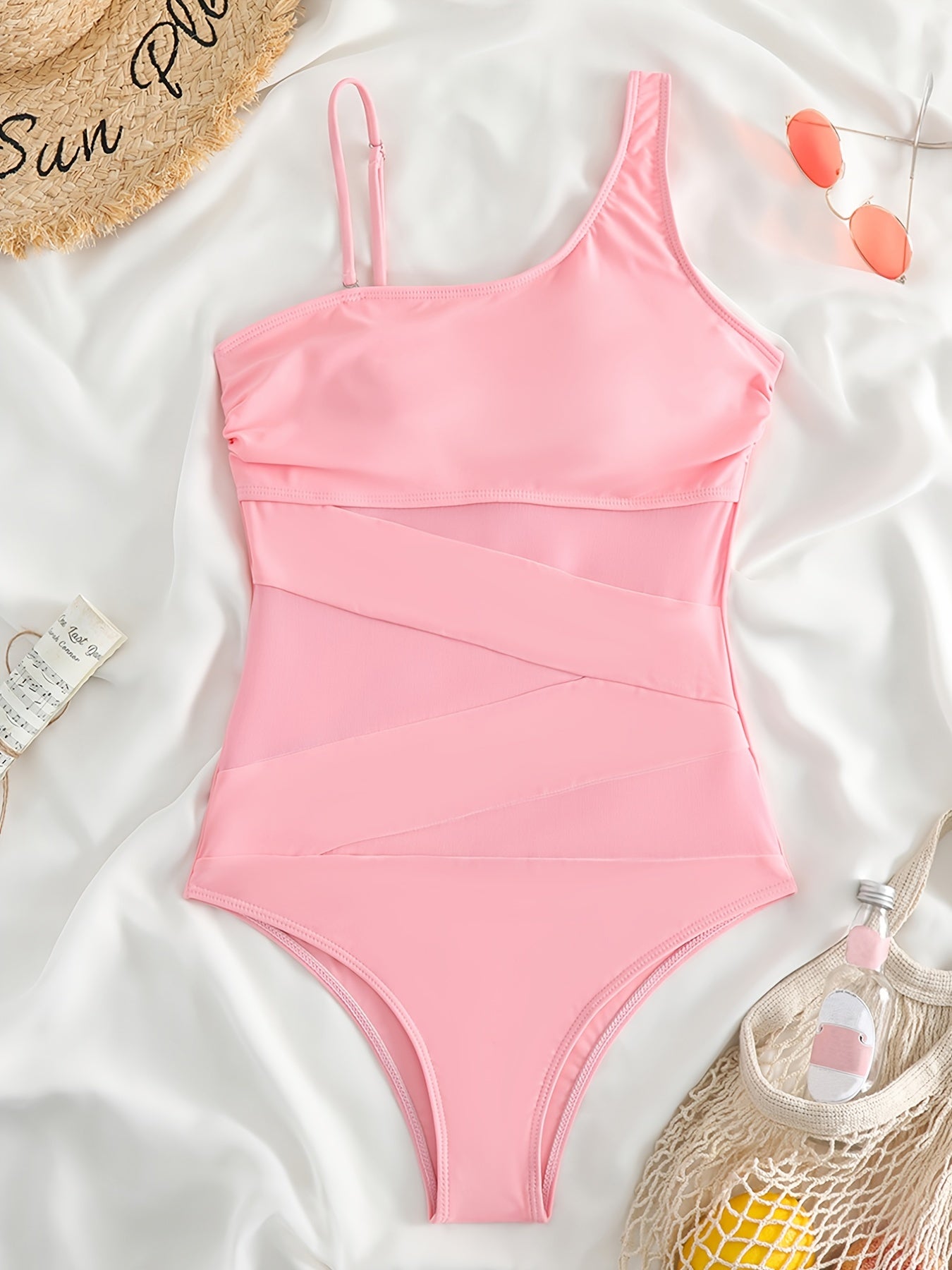 Mesh Asymmetrical Shoulder Strap Swimsuit High Cut One Piece