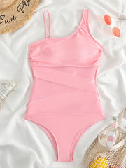 Mesh Asymmetrical Shoulder Strap Swimsuit High Cut One Piece