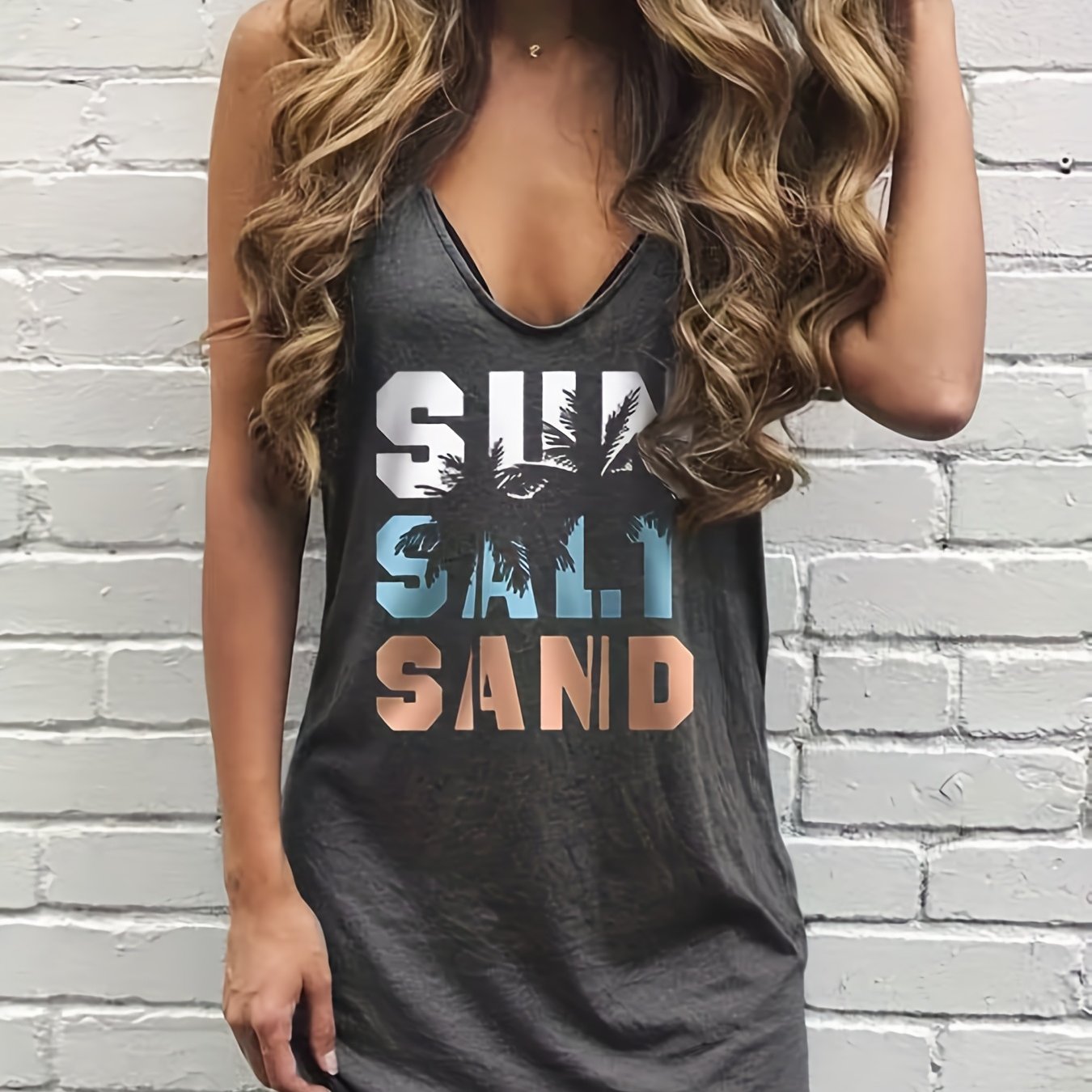 Casual Tank Dress Women's Plus Art Letter & Coconut Tree Print Round Neck