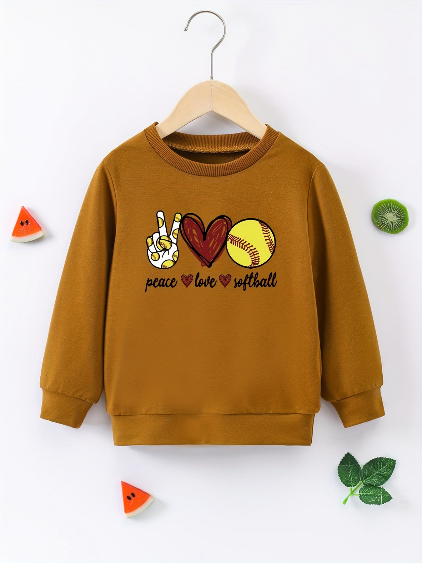 Girls Round Neck Sweatshirt Peace Love Softball Casual Comfort Fit